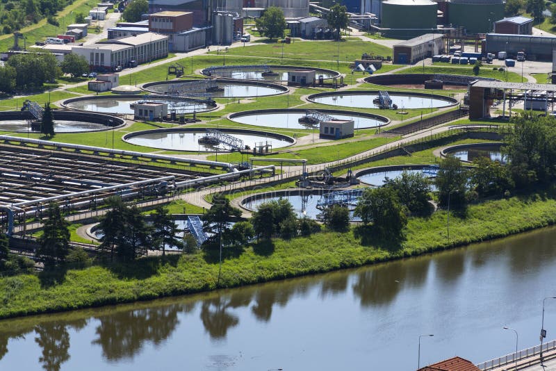 Aerial view of sewage water treatment plant royalty free stock image